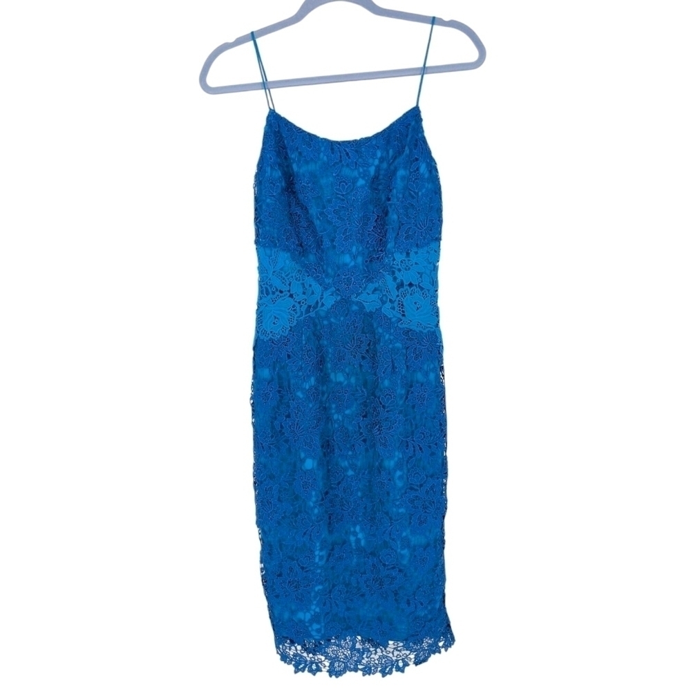 Monique Lhuillier Lace Sheath Dress Wedding Guest Cocktail Blue 2 - Picture 4 of 7